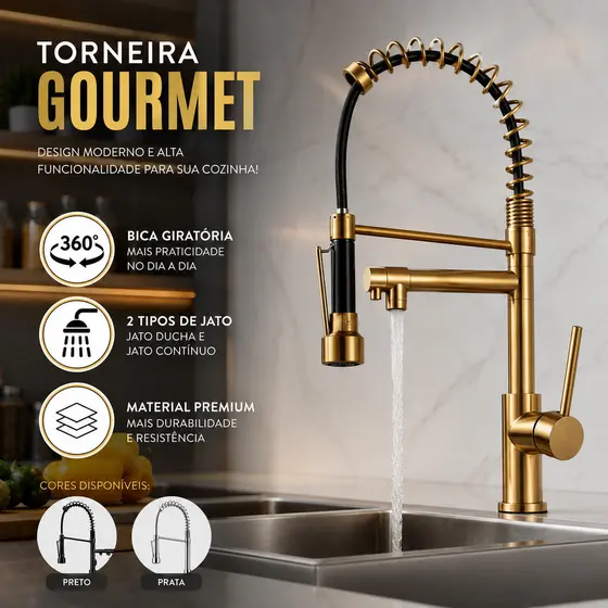 Torneira Pia Cozinha Gourmet Inox Monocomando Misturador Spray  Quente E Frio Cor Preto Fosco Yesop