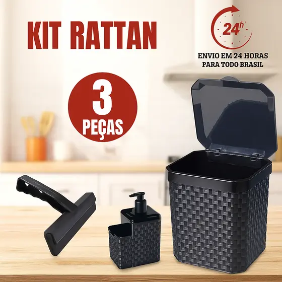 Kit Lixeira Preta Pia 5 Litros + Porta Detergente Sabão + Rodinho de Pia Kit Cozinha 3 Peças Rattan