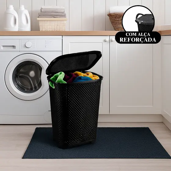 Cesto de Roupa Suja Rattan Grande  50 Litros com Tampa Basculada
