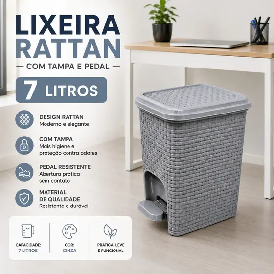 Lixeira Cozinha Banheiro Rattan 7 litros Cinza Arqplast Plástico Cesto 7L Escritório