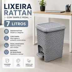 Lixeira Cozinha Banheiro Rattan 7 litros Cinza Arqplast Plástico Cesto 7L Escritório