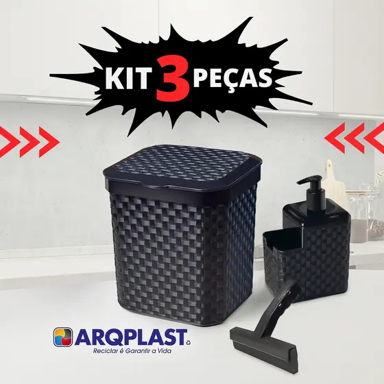 Kit Lixeira Pia 5 Litros + Porta Detergente Sabão + Rodinho de Pia Kit Cozinha 3 Peças Rattan