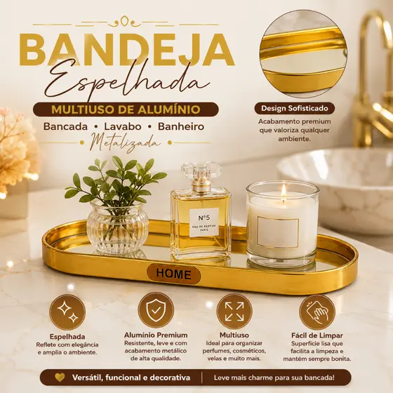 Bandeja Espelhada Multiuso De Alumínio Bancada Lavabo Banheiro Metalizada