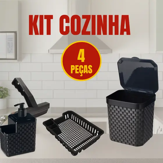 Kit Lixeira Pia 5 Litros + Rodinho de pia + Porta detergente + Escorredor de Pratos