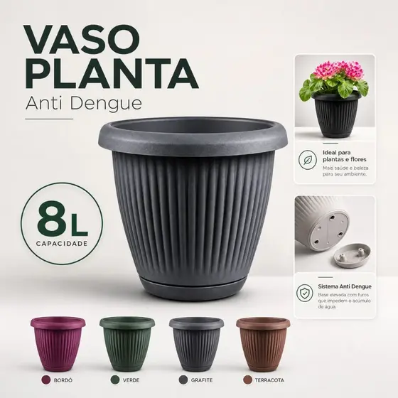 Vaso de Planta com Prato 27x25x23 Vaso Grande 8 Litros Planta Flor  Anti Dengue