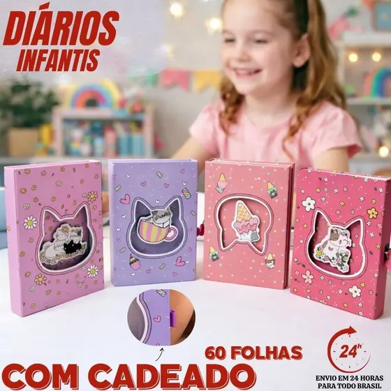 Meu Diário Infantil Gatinhos Secreto Com Cadeado Chaves 60 Folhas