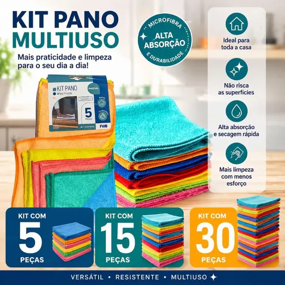 Kit 15 Pano Microfibra Limpeza 25x25cm Super Absorvente Multiuso