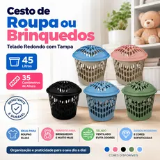 Cesto de Roupa ou Brinquedos Telado Redondo com Tampa 45 Litros P 35 Centímetros de Altura