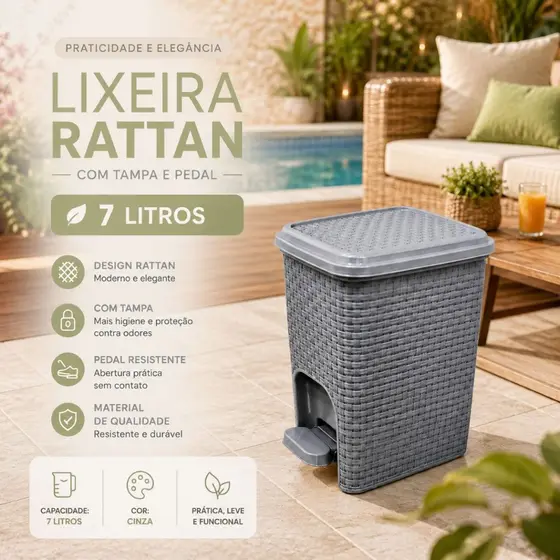 Lixeira Com Pedal Cozinha Banheiro Rattan 7 litros Cinza