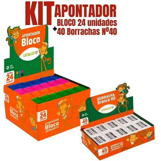 Kit Apontador Escolar Com Depósito 24 Unidades + Borracha Branca Nº 40 com 40 Unidades Leo & Leo