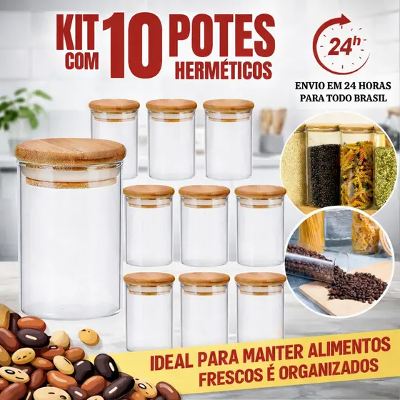 Kit 10 Potes De Vidro Herméticos Redondo 300ml Temperos Tampa Bambu