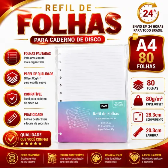 Refil de Folha - Cadernos de Disco A4 Pautado  tipo Caderno Inteligente - Pautado 80 folhas 28.3CM X 20.3CM 80g