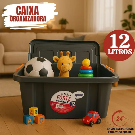Caixa Plástica 12 Litros Organizadora Brinquedos Diversos Tampa Trava Preta Qualidade Organização