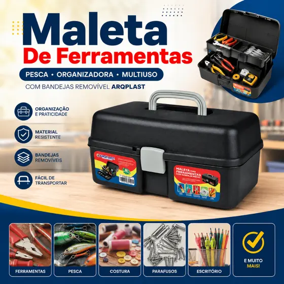 Maleta De Ferramentas Pesca Organizadora Multiuso Com Bandejas Removível Arqplast