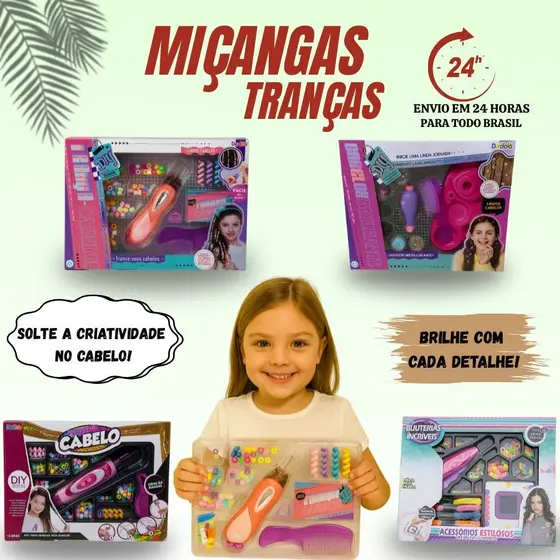 Kit Cabelo Miçanguinhas Infantil Com Aplicador Tererê Tranças Miçangas Acessórios Cabelos Brilhantes