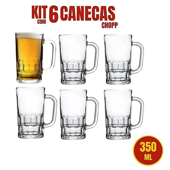 Kit 6 Canecas de Chopp e Cerveja Vidro 350 ml