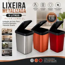 Lixeira Cesto Inox Metalizado 09 Litros Com Tampa Click Label Vermelho Rose Gold Banheiro Cozinha