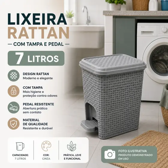 Lixeira 7 Litros Cinza Cozinha Banheiro Rattan Arqplast