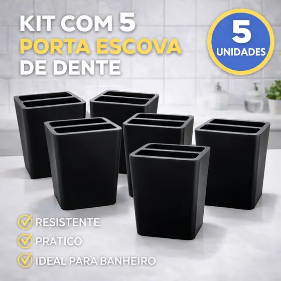 Kit 5 Porta Escova De Dente Preto Para Banheiro De Plástico Multiuso