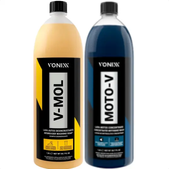 V-MOL 1,5L Shampoo Desengraxante Lavagem Automotiva + MOTO-V 1,5L Lava Motos Concentrado Vonixx