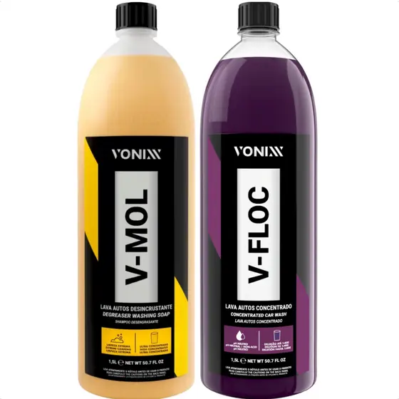 V-MOL 1,5L Shampoo Desengraxante + V-FLOC 1,5L Shampoo Automotivo Neutro Lavagem Automotiva Vonixx