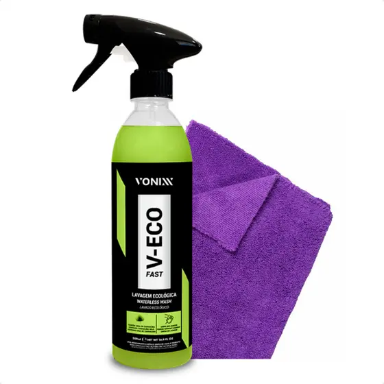 V-ECO FAST 500ML Lavagem A Seco Carro E Moto + PANO MICROFIBRA