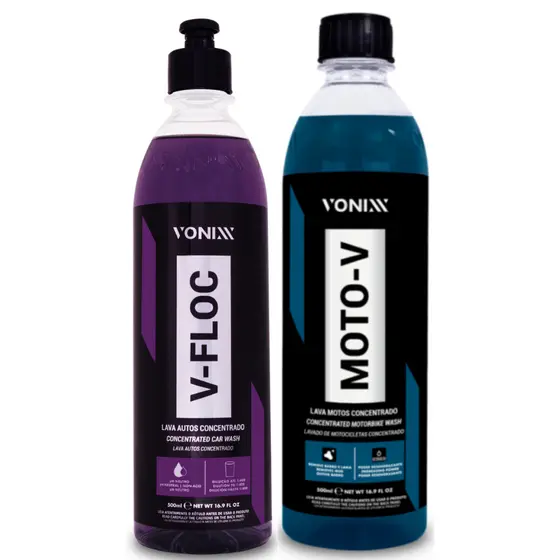 MOTO-V 500ML LAVA MOTO CONCENTRADO + V-FLOC 500ML Shampoo Automotivo Neutro Vonixx
