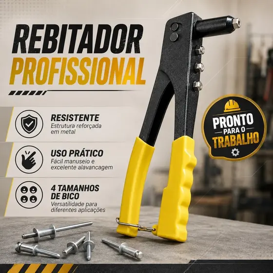 Rebitador Profissional, Alicate Rebitadeira Manual 10 POL - 4 Furos, Chave