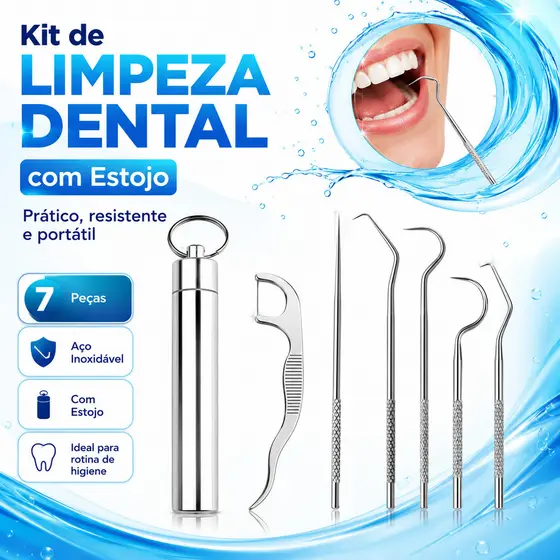 Kit Higiene Bucal 7 Peças Aço Inox + Estojo Portátil Fácil de Usar