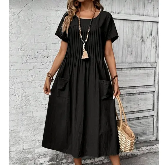 Kliou Fashion Vestido Plus Vestido Solto de Algodão e Linho com Pregas Frontais Simples Casual com Bolso