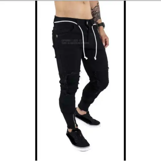 Calça Masculina Jeans Skinny Zíper Na Barra Destroyed