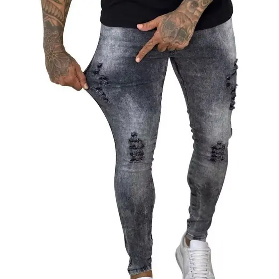 Calça Jeans Masculina Skinny Destroyed Rasgada Lavagem Clara com Elastano