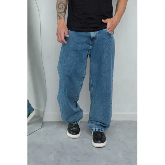 Calça Balão masculina jeans 100% algodão azul marmorizado skatistas moda confort 2026