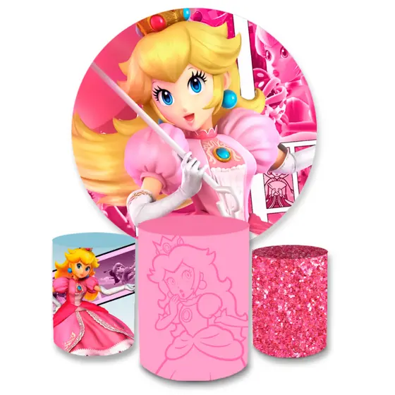 Kit Painel de Festa Decorativo Sublimado + Trio Capa Cilindro Veste Fácil Princesa Peach