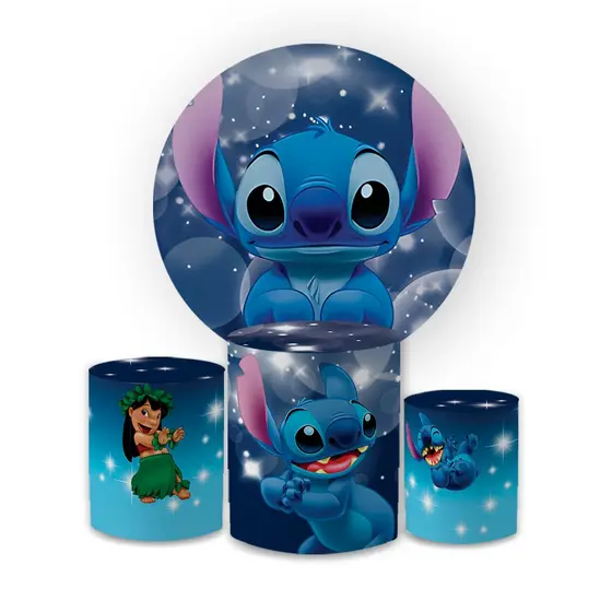 Kit Painel 1,5x1,5+Trio Capas Cilindros P M G Festa Sublimado Lilo E Sti.tch Decoração Elegante