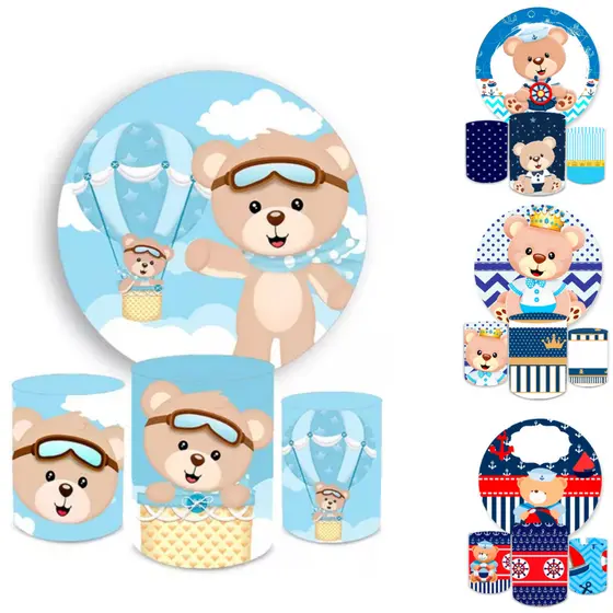 Capa Painel 1,50 x 1,50 e Cilindros Veste Fácil Decoração Ursinhos Para Chá de Bebê Baloeiro Realeza Aviador