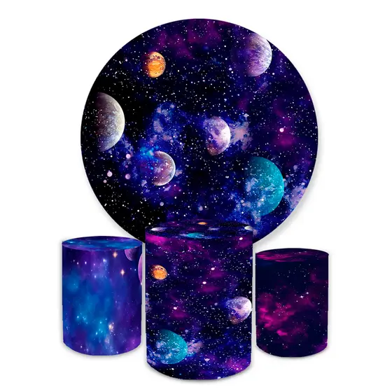 Kit Painel 1,5x1,5+Trio Capas Cilindros P M G Festa Sublimado Universo Decoração Elegante