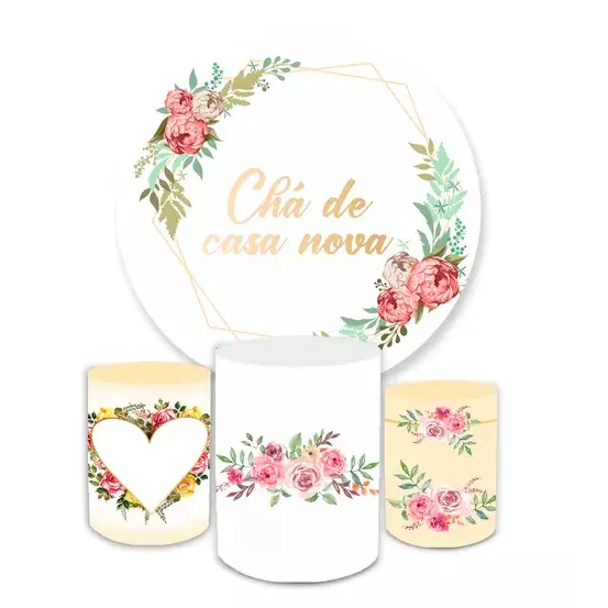 Kit Decorativo Painel Redondo C/ Elástico + Trio Capa Cilindro Veste Fácil Chá de Casa nova