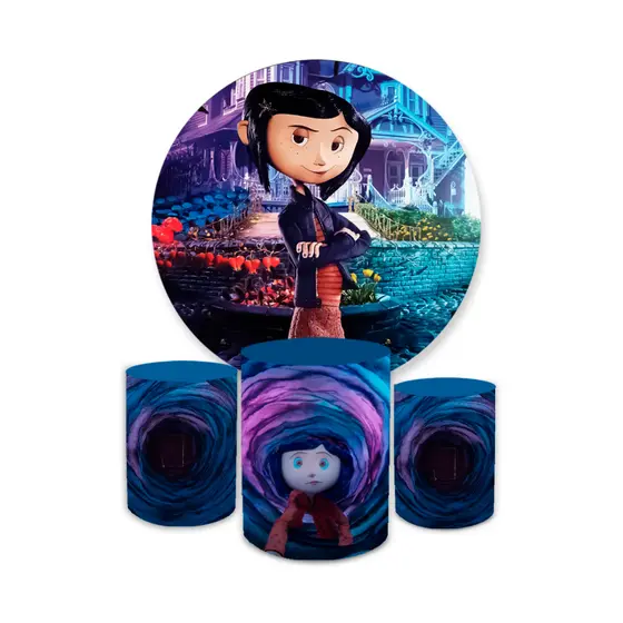 Kit Decorativo Painel Redondo C/ Elástico + Trio Capa Cilindro Veste Fácil Coraline