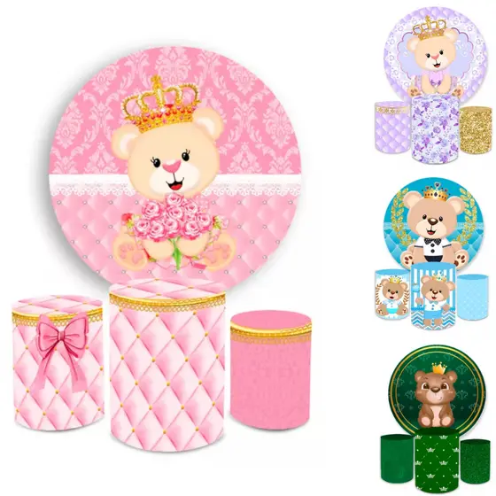Capa Painel 1,50 x 1,50 e Cilindros Veste Fácil Decoração Ursinho Ursinha Realeza Modelos Cores