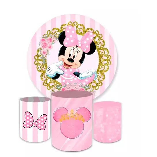 Kit Decorativo Painel Redondo C/ Elástico + Trio Capa Cilindro Veste Fácil Minnie Rosa