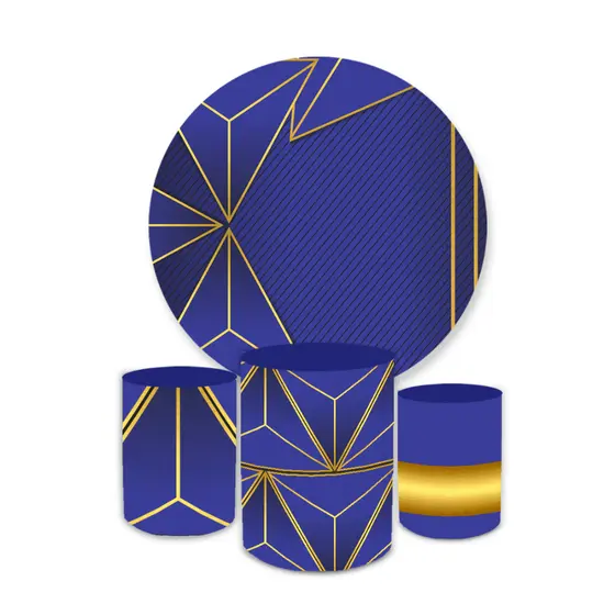 Kit Decorativo Painel Redondo C/ Elástico + Trio Capa Cilindro Veste Fácil Mármore Azul E Dourado