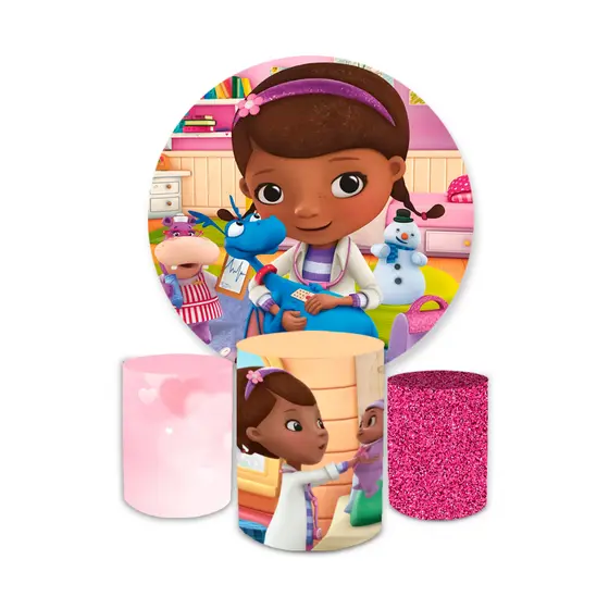 Kit Decorativo Painel Redondo C/ Elástico + Trio Capa Cilindro Veste Fácil Dr Brinquedos Desenho