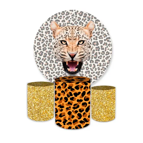 Kit Decorativo Painel Redondo Festivo C/ Elástico + Trio Capa Cilindro Veste Fácil Leopardo