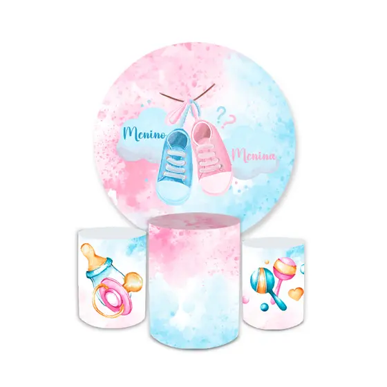 Kit Festa Comemorativa Capa Painel Redondo + Trio Capas de Cilindros Tema Chá Revelação Menino Menina