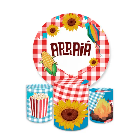 Kit Festa Aniversário Capa Painel + Trio Cilindros Veste Fácil Arraiá Festa Junina