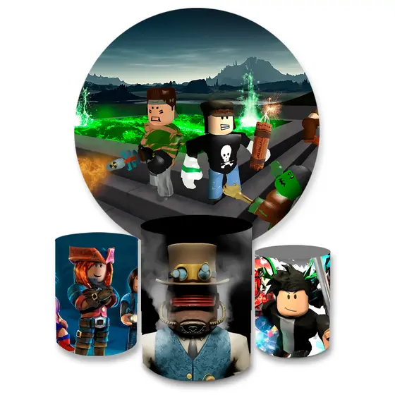 Kit Festa Comemoração Capa Painel Redondo + Trio Capas de Cilindros Tema Infantil R0bl0x Veste Fácil