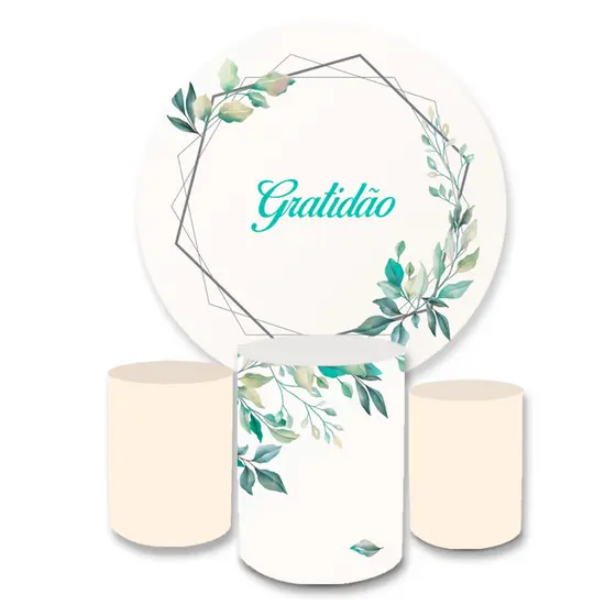 Kit Painel 1,5x1,5 +Trio Capas Cilindros Festa Sublimado Gratidão Decoração Elegante Veste Fácil