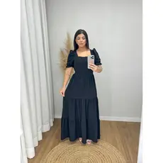 Vestido Longo Feminino Liso Com Bojo e Elastex atrás na cintura Gola Quadrada
