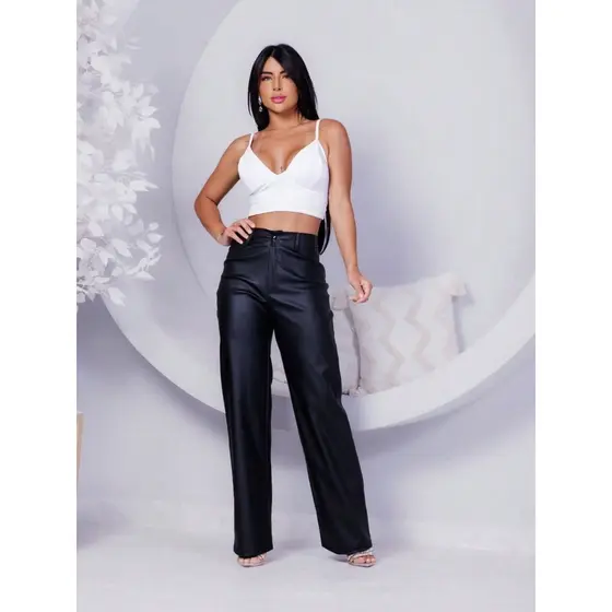 Calça Wid Leg de Couro Pantalona Liso